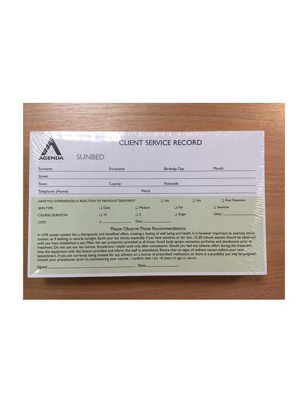 Client Service Record Card - Sunbed 150pk