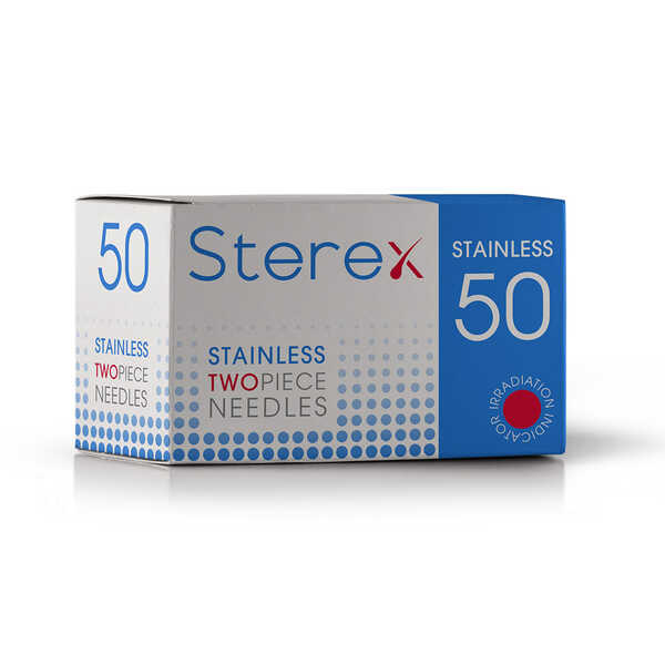 STEREX STAINLESS TWO PIECE NEEDLES F10S REGULAR (BOX OF 50)